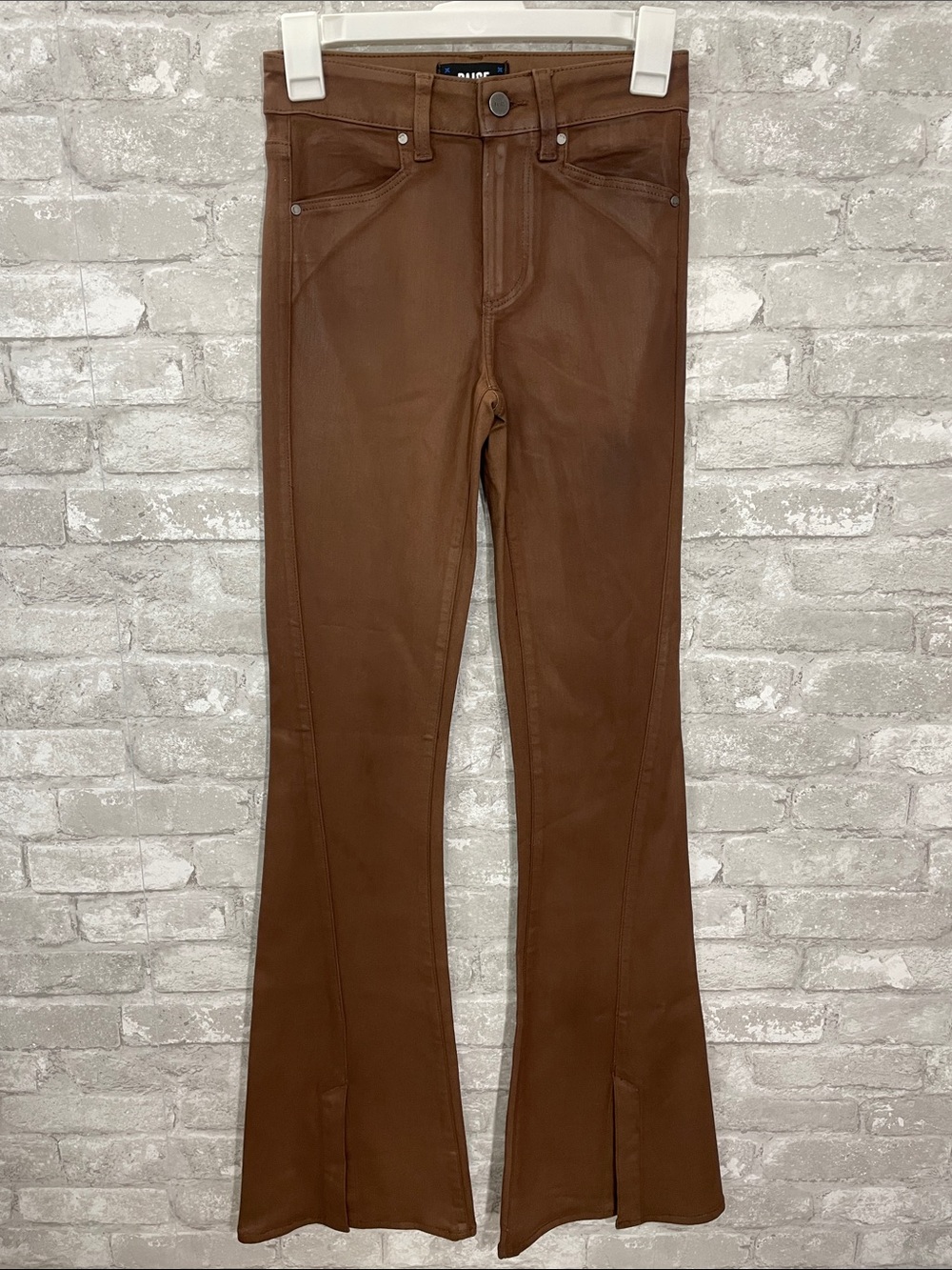 PAIGE High Rise Lou Lou Jolene Jeans With Slit In Coated Cognac